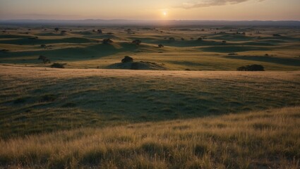 Fototapeta premium Vast green landscape with hills and a setting sun view