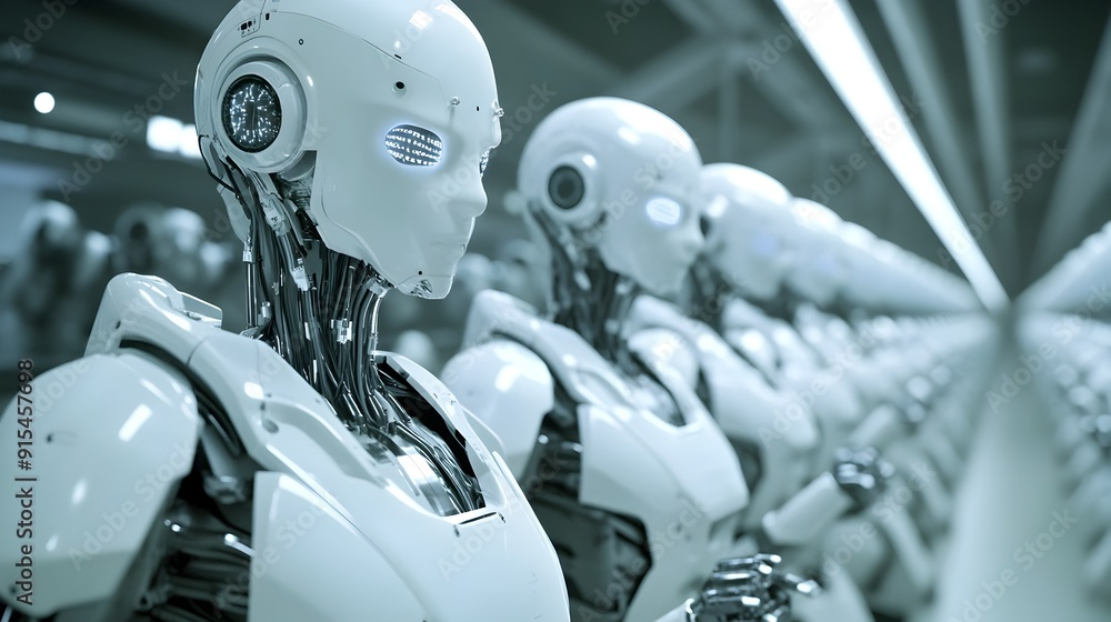 Aufkleber rows of advanced metallic in futuristic digital factory setting