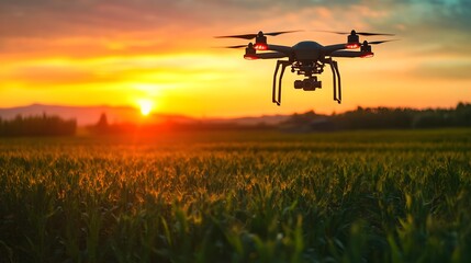 Aerial drone capturing breathtaking sunset over lush green countryside landscape