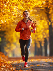 young woman run in autumn park