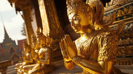 Fototapeta premium Golden statues of deities in an ancient temple setting, symbolizing cultural heritage and spirituality. Perfect for historical and cultural themes.