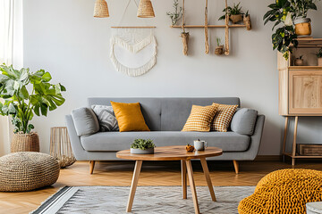 The stylish boho compostion at living room interior with design gray sofa, wooden coffee table, commode and elegant personal accessories. Honey yellow pillow and plaid. Cozy apartment. Home decor