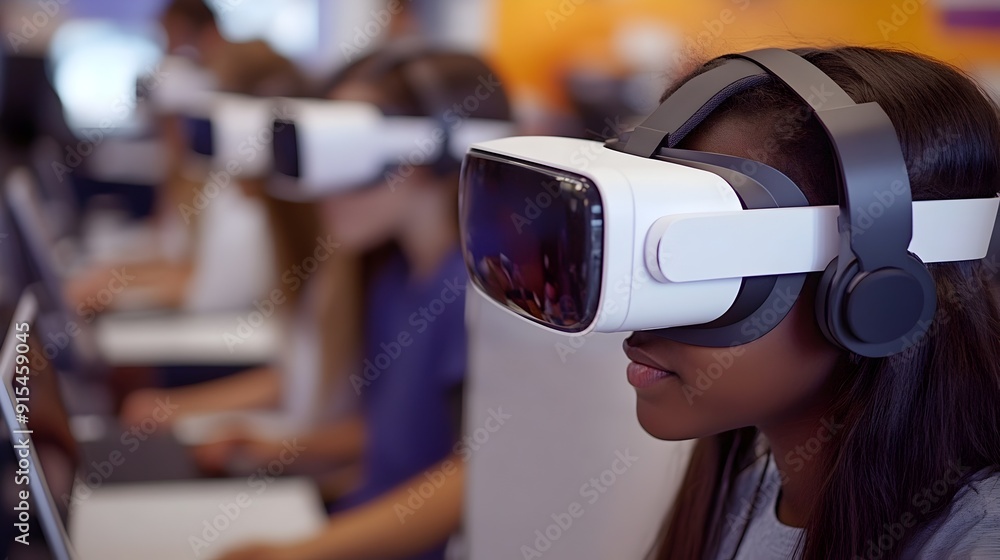 Aufkleber immersed in virtual reality headset in tech studio or classroom setting
