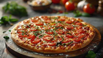 A slice of pizza with fresh tomato slices, melted cheese, and basil leaves on top,