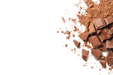 Fototapeta premium Heap of broken pieces of chocolate on white background