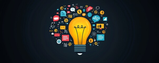 Creative illuminated light bulb with colorful icons representing innovation and technology