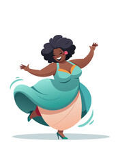 Dancing dark cheerful woman in bright dress, vector drawing SVG on a transparent background