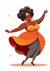 Dancing dark cheerful woman in bright dress, vector drawing SVG on a transparent background