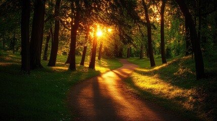 Fototapeta premium A winding path through a forested park, illuminated by the low rays of the setting sun