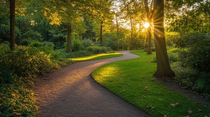 Obraz premium A winding path through a forested park, illuminated by the low rays of the setting sun