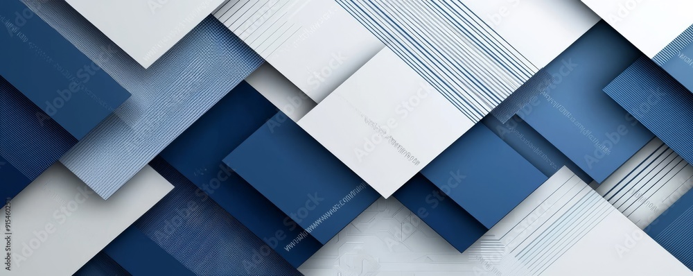 Wall mural blue and white geometric background with layered rectangles in abstract design