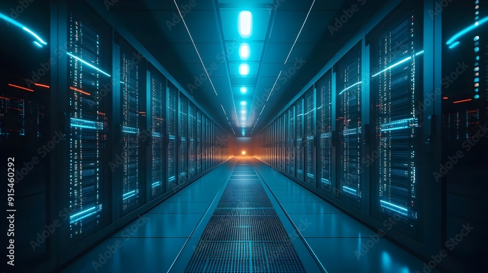 Poster illuminated digital data center server corridor pathway