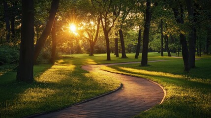 A winding path through a forested park, illuminated by the low rays of the setting sun