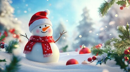 Lovely Christmas cartoon with a merry snowman and holiday decorations, offering a clear space for your message.