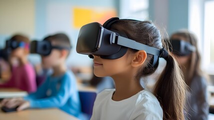 Young student exploring virtual reality in classroom setting
