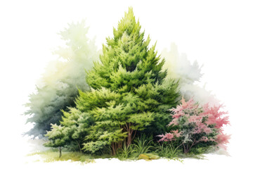 Serene watercolor painting of an Arborvitae bush isolated on a white background.