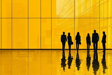 Silhouettes of business people walking against yellow glass background