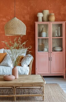 Cozy bohemian interior design with terracotta wall, rattan furniture, and decorative ceramic vases
