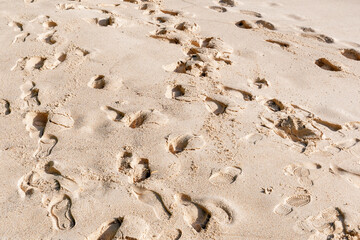 Many detailed footprints in the sand on a beach. Abstract tropical backgrounds