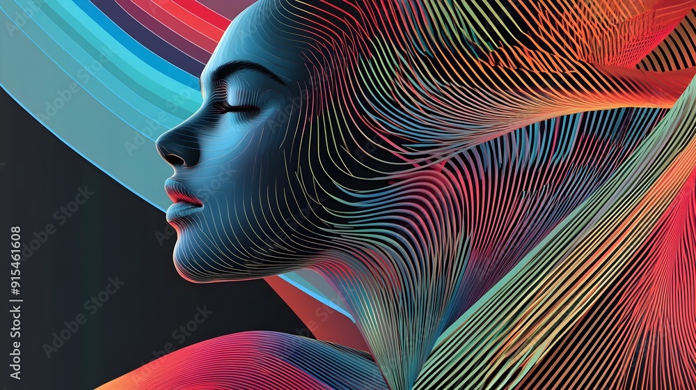 Poster vibrant surreal digital art portrait with captivating lines and patterns