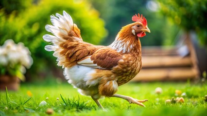 Fototapeta premium Adorable brown and white domestic chicken with fluffy feathers runs freely around the yard, showcasing a humorous expression, symbolizing organic and homegrown eggs.