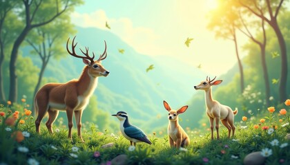 Fototapeta premium Friendly wildlife gathering in a serene forest