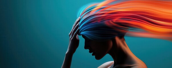 Artistic portrayal of a migraine attack, with swirling colors around the head to depict intense headache pain