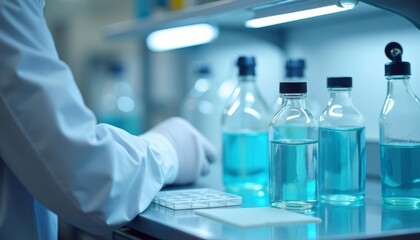 Fototapeta premium Laboratory scientist handling blue liquid in test tubes