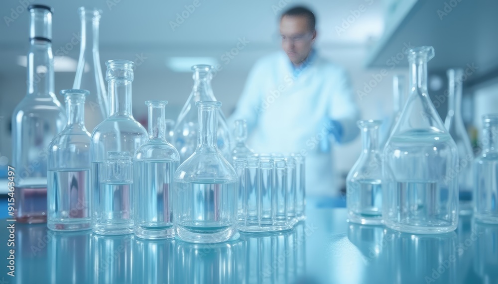 Poster scientist in lab with array of glass beakers and flasks