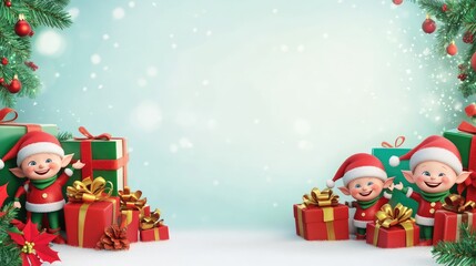 Whimsical Christmas background with smiling elves and wrapped presents, offering a clear area for text. Ideal for festive announcements.