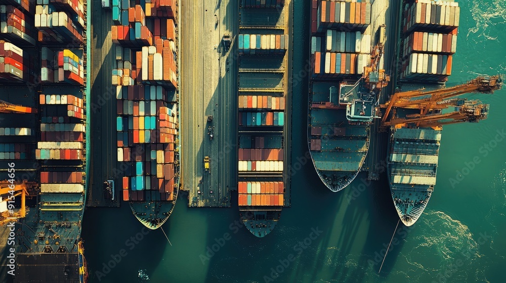 Aufkleber a busy port with multiple cargo ships docked, loading and unloading containers, showcasing the hustl