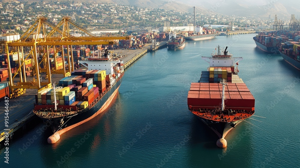 Aufkleber a busy port with multiple cargo ships docked, loading and unloading containers, showcasing the hustl
