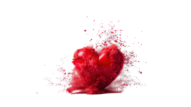 A glowing red heart explodes in a shower of pink and red sparks against a black background.