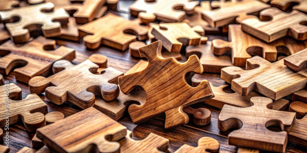 Poster close-up of intricate wooden puzzle pieces, representing complexity and problem-solving, wood, puzzl