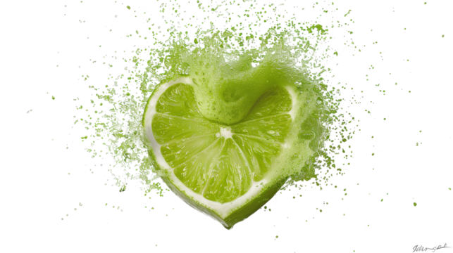 A heart-shaped lime slice explodes into a burst of green and yellow particles against a black background.