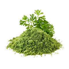 Fototapeta premium A pile of green coriander powder with fresh coriander leaves on top.