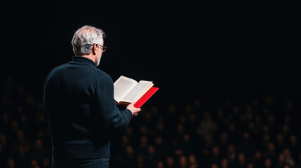 Poet reading to an audience, book in hand, representing triumph through literary struggle