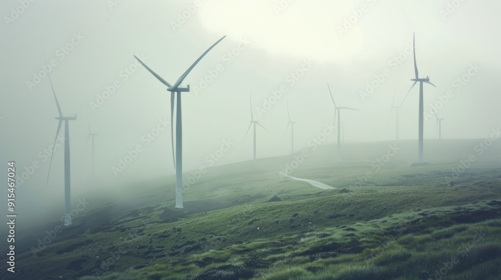 Poster a field of wind turbines with fog in the background