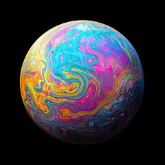 Soap Bubble Abstract Psychedelic Color Planet in Space - Isolated on Black Background, Vibrant Cosmic Sphere, Colorful Bubble Effect, Space Planet Visualization, Artistic
