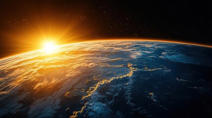 Fototapeta premium Beautiful Earth from space at sunrise, isolated on black background, copy space, poster for AD, cosmic dawn, sharp detail, radiant imagery