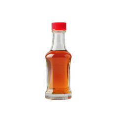 A small glass bottle of brown liquid with a red cap.