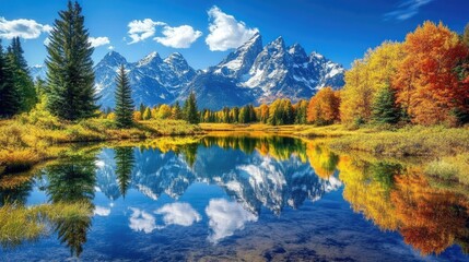 Obraz premium Breathtaking view of the Grand Tetons reflected in a tranquil lake, with clear skies and vibrant surroundings enhancing the scene.