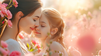 Mother and Daughter Embrace Surrounded by Pink Blossoms.