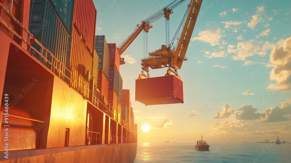 Aufkleber a cargo ship with a crane lifting a container off its deck, showcasing the logistics of loading and 