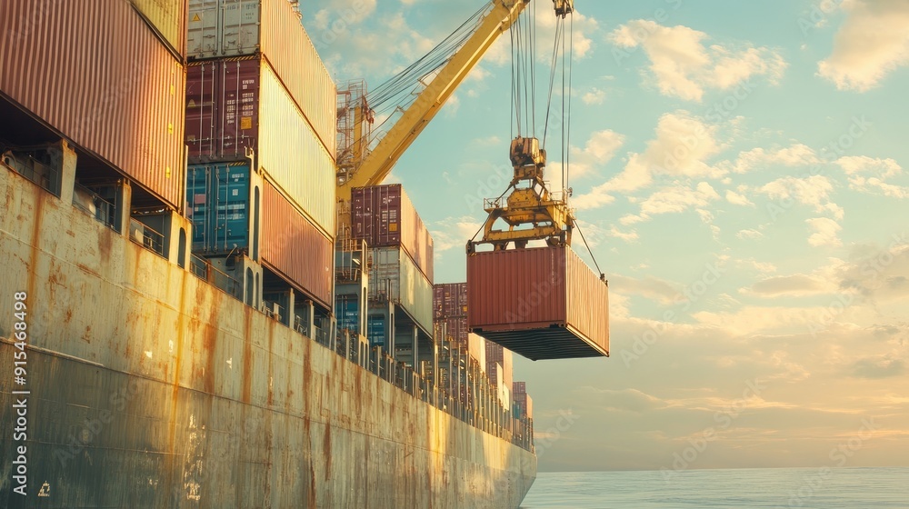 Poster a cargo ship with a crane lifting a container off its deck, showcasing the logistics of loading and 