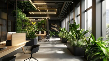 Modern Office Space with Smart Planters: Greenery and Technology Integration.