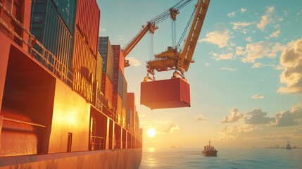 Fototapeta premium A cargo ship with a crane lifting a container off its deck, showcasing the logistics of loading and unloading.