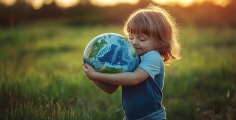 Tender Embrace of the Globe: A Child's Innocent Cradle of Earth in a Serene Natural Setting, Symbolizing Love for the Planet and Environmental Awareness