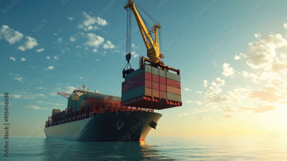 Poster a cargo ship with a crane lifting a container off its deck, showcasing the logistics of loading and 