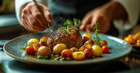 Chef préparant une assiette composée de viande et de légumes.